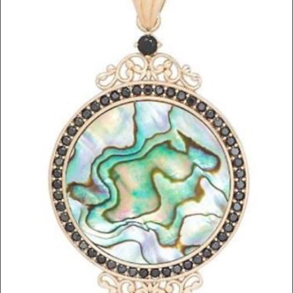 GRAND BAZAAR Pendant Opalescent Abalone Green 18KT Gold Black CZ NWT 2.5”